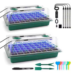 Set of two seed starter trays with LED grow lights and 80 cells