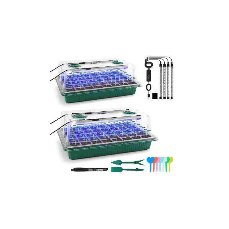 Set of two seed starter trays with LED grow lights and 80 cells