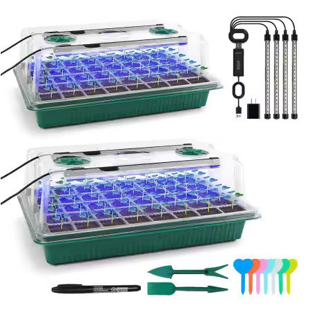 Set of two seed starter trays with LED grow lights and 80 cells